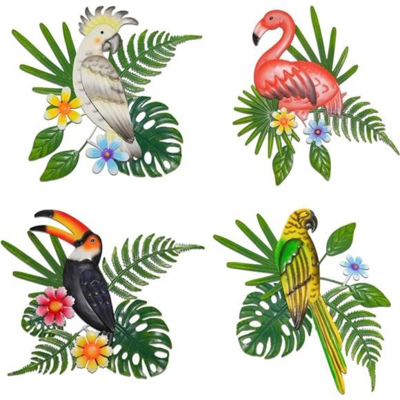 4 Pack Flamingo Wall Decor Metal Parrot Art Bird Waterproof Garden Decoration